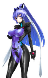Rule 34 | 1girl, bad id, bad pixiv id, blue eyes, blue hair, bodysuit, breasts, covered erect nipples, covered navel, erobouzu, gloves, hair intakes, hair ribbon, high ponytail, highres, impossible bodysuit, impossible clothes, large breasts, light smile, long hair, looking at viewer, matching hair/eyes, mitsurugi meiya, muv-luv, pilot suit, ponytail, purple eyes, purple hair, ribbon, risutan, shiny clothes, simple background, skin tight, smile, solo, standing, very long hair, white background