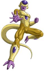 Rule 34 | 1boy, alien, dragon ball, dragonball z, evil, flying, frieza, full body, golden frieza, highres, male focus, muscular, simple background, smile, solo, tail