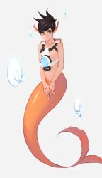 Rule 34 | 1girl, absurdres, bad id, bad twitter id, body freckles, breasts, brown eyes, brown hair, bubble, chest harness, closed mouth, collarbone, fins, freckles, harness, head fins, highres, injury, medium breasts, mermaid, monster girl, monsterification, neosnim, nipples, overwatch, overwatch 1, short hair, simple background, solo, spiked hair, strap, swept bangs, topless, tracer (overwatch), underwater, water