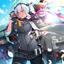 Rule 34 | 1girl, black legwear, blue sky, blush, breasts, buttons, cannon, cape, cartridge, cloud, confetti, dark-skinned female, dark skin, day, double-breasted, floating hair, glasses, glint, gloves, grey cape, grey jacket, grey nails, hair ribbon, headgear, highres, holding, jacket, kantai collection, large breasts, light particles, long hair, machinery, miniskirt, musashi (kancolle), musashi kai ni (kancolle), nail polish, outdoors, partially fingerless gloves, red eyes, ribbon, rigging, shell casing, skirt, sky, sleeve cuffs, smokestack, standing, turret, twintails, wind, yunamaro