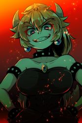 Rule 34 | 1girl, abs, armlet, blonde hair, blue eyes, bowsette, bracelet, breasts, cleavage, collar, collarbone, crown, earrings, fangs, hands on own hips, harknel, highres, horns, jewelry, large breasts, mario (series), new super mario bros. u deluxe, nintendo, sharp teeth, spiked armlet, spiked bracelet, spiked collar, spiked tail, spikes, super crown, tail, teeth, turtle shell