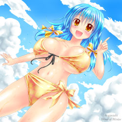 Rule 34 | 1girl, bikini, blue hair, blush, breasts, day, hair ornament, highres, kogarashi (wind of winter), large breasts, long hair, open mouth, sky, smile, solo, swimsuit, yellow eyes