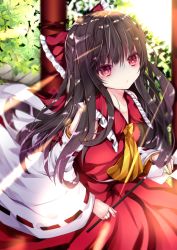 Rule 34 | 1girl, ascot, black hair, bow, brown ascot, closed mouth, collared shirt, day, detached sleeves, frilled bow, frilled shirt collar, frills, gohei, hair between eyes, hair bow, hakurei reimu, holding, long hair, long sleeves, looking at viewer, nanase nao, outdoors, red bow, red eyes, red shirt, red skirt, ribbon-trimmed sleeves, ribbon trim, shirt, skirt, sleeveless, sleeveless shirt, sleeves past wrists, solo, touhou, very long hair, white sleeves, wide sleeves, yellow ascot