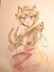 Rule 34 | 1girl, :d, animal, animal ear fluff, animal ears, blush, brown eyes, brown hair, cat ears, cat tail, chen, colored pencil (medium), commentary request, cowboy shot, double-parted bangs, dress, fish, frills, green hat, hair between eyes, happy, hat, holding, holding animal, holding fish, juliet sleeves, long sleeves, looking at viewer, mob cap, multiple tails, nekomata, open mouth, orya 422, puffy sleeves, red dress, short hair, simple background, smile, solo, tail, touhou, traditional media, two tails