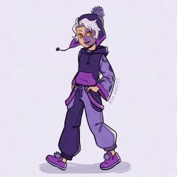 Rule 34 | 1boy, 1other, child, freckles, full body, hands in pockets, hat, highres, hood, hoodie, kiiakostet, male focus, pants, purple hat, purple pants, red eyes, shoes, simple background, smile, solo, teeth, the collector (the owl house), the owl house, upper teeth only, white hair