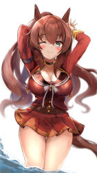 1girl absurdres animal_ears arms_up blue_eyes blush breasts brown_hair cleavage closed_mouth commentary_request hair_between_eyes highres horse_ears horse_girl horse_tail jacket large_breasts long_sleeves looking_at_viewer maruzensky_(umamusume) one_eye_closed open_clothes open_jacket open_mouth partially_submerged red_jacket red_skirt simple_background skirt smile solo tail thighs umainu_2002 umamusume white_background