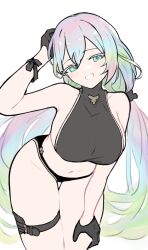 Rule 34 | 1girl, bikini, black bikini, black gloves, blue hair, blush, breasts, cupitan (granblue fantasy), cupitan (summer) (granblue fantasy), gloves, granblue fantasy, green eyes, green hair, grin, highres, large breasts, leaning forward, long hair, looking at viewer, lyrinne, multicolored hair, navel, pink hair, simple background, smile, solo, swimsuit, thigh gap, thigh strap, twintails, very long hair, white background