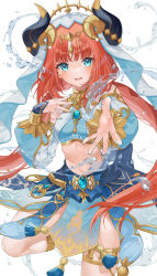 Rule 34 | 1girl, aqua eyes, aqua nails, blue gemstone, blue skirt, blunt bangs, blush, bracer, breasts, brooch, circlet, cowboy shot, fake horns, gem, genshin impact, gold trim, hand on own chest, harem outfit, highres, horns, hydrokinesis, jewelry, leg up, long hair, long sleeves, looking at viewer, low twintails, medium breasts, midriff, navel, neck ring, nilou (genshin impact), nobell (bell no5), open mouth, parted bangs, puffy long sleeves, puffy sleeves, reaching, reaching towards viewer, red hair, sidelocks, simple background, skirt, solo, stomach, thighlet, twintails, veil, water, white background, white headdress, white veil