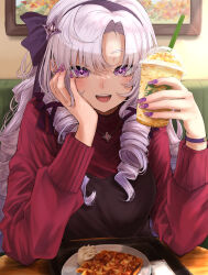 Rule 34 | 1girl, black ribbon, breasts, cream, dededeteiu, dress, drill hair, drink, elbows on table, food, hair ornament, hair ribbon, hand on own cheek, hand on own face, highres, holding, holding drink, hyakumantenbara salome, jewelry, light purple hair, long hair, medium breasts, necklace, nijisanji, open mouth, picture frame, pink dress, purple bracelet, purple eyes, purple nails, ribbon, solo, sparkling eyes, star (symbol), star hair ornament, star necklace, starbucks, table, upper body, virtual youtuber, waffle