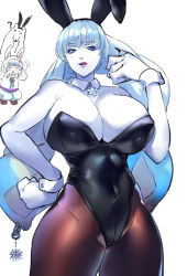 Rule 34 | 2girls, ?, animal ears, animal hands, bear, black leotard, blue eyes, breasts, brown legwear, bursting breasts, cleavage, collar, covered erect nipples, curvy, dahlia (xenoblade), detached collar, fake animal ears, female focus, hair ornament, hand in own hair, highres, huge breasts, leotard, licking lips, long ears, long hair, looking at viewer, multiple girls, negresco, nintendo, pantyhose, playboy bunny, rabbit ears, simple background, skin tight, skindentation, snowflake hair ornament, snowflakes, solo focus, tongue, tongue out, ursula (xenoblade), very long hair, white background, white hair, wrist cuffs, xenoblade chronicles (series), xenoblade chronicles 2