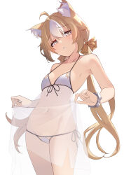 Rule 34 | 1girl, absurdres, animal ear fluff, animal ears, bikini, blonde hair, bow, breasts, clothes lift, commentary, cowboy shot, girls&#039; frontline neural cloud, hair bow, hannah (neural cloud), highres, looking at viewer, low twintails, multicolored hair, navel, scrunchie, see-through bikini, simple background, small breasts, solo, string bikini, swimsuit, teeth, twintails, two-tone hair, white eyes, white hair, wrist scrunchie, y kimisaki