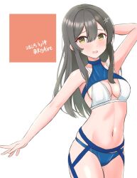 Rule 34 | 1girl, ame-san, bikini, black hair, blue bikini, blush, breasts, cowboy shot, dated, hair ornament, hairclip, highres, kantai collection, long hair, looking at viewer, open mouth, oyashio (kancolle), small breasts, smile, solo, swimsuit, twitter username, white background