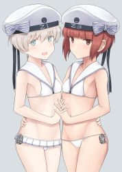 Rule 34 | 10s, 2girls, bikini, blonde hair, blue eyes, brown eyes, brown hair, clothes writing, fuyube gin (huyube), grey background, hat, highres, kantai collection, microskirt, multiple girls, official style, open mouth, pleated skirt, sailor bikini, sailor collar, short hair, simple background, skirt, smile, swimsuit, white bikini, white hat, white skirt, z1 leberecht maass (kancolle), z3 max schultz (kancolle)
