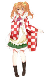 Rule 34 | 1girl, apron, atory, bell, black footwear, book, checkered clothes, checkered kimono, closed mouth, commentary, commission, cross-laced footwear, full body, green skirt, hair bell, hair ornament, highres, japanese clothes, kimono, long sleeves, looking at viewer, medium hair, motoori kosuzu, orange eyes, orange hair, simple background, skirt, solo, standing, touhou, two side up, white background, wide sleeves