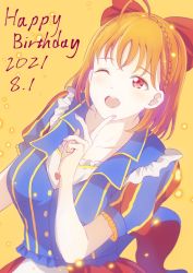 Rule 34 | 1girl, ;), alternate hairstyle, artist request, blue dress, blush, bow, braid, breasts, collarbone, crown braid, dated, dress, female focus, frilled dress, frilled shirt collar, frills, hair bow, hair ribbon, heart, heart print, highres, looking at viewer, love live!, love live! school idol festival, love live! sunshine!!, medium breasts, nail, nail polish, one eye closed, one more sunshine story, one more sunshine story (love live!), orange background, orange hair, parted lips, pink nails, pink nails, plaid, plaid dress, pleated, pleated dress, puffy short sleeves, puffy sleeves, red bow, red eyes, red ribbon, ribbon, short hair, short sleeves, side braid, smile, solo, takami chika, upper body, wink