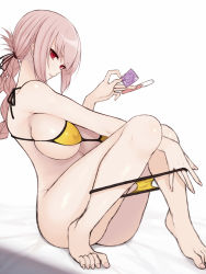 Rule 34 | 1girl, bare shoulders, bikini, bikini pull, braid, braided ponytail, breasts, cleavage, clothes pull, cocq taichou, condom, condom wrapper, covered erect nipples, fate/grand order, fate (series), florence nightingale (chaldea lifesavers) (fate), florence nightingale (fate), folded ponytail, large breasts, long hair, looking at viewer, pink hair, red eyes, sitting, solo, swimsuit, yellow bikini