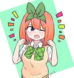 Rule 34 | 1girl, ;d, blue eyes, blush, bow, breasts, collared shirt, commentary, eyebrows hidden by hair, go-toubun no hanayome, green background, green bow, green ribbon, hair between eyes, hair ribbon, hands up, kujou karasuma, medium breasts, nakano yotsuba, notice lines, one eye closed, open mouth, orange hair, ribbon, shirt, short sleeves, signature, smile, solo, sweater, teeth, two-tone background, upper teeth only, white background, white shirt