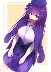Rule 34 | 1girl, absurdres, alternate costume, beret, breasts, buttons, fate/grand order, fate (series), food, hat, heroic spirit festival outfit, highres, jacket, jacket on shoulders, large breasts, long hair, long sleeves, looking at viewer, mouth hold, popsicle, purple hair, red eyes, scathach (fate), scathach skadi (fate), scathach skadi (festival outfit) (fate), skirt, tutinako, watermelon bar, yellow background