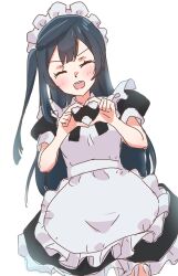 Rule 34 | 1girl, alternate costume, apron, black dress, blush, closed eyes, commentary request, dress, enmaided, facing viewer, frilled apron, frills, heart, heart hands, highres, long hair, love live!, love live! nijigasaki high school idol club, maid, maid apron, maid headdress, one side up, open mouth, poizun (user wmgk4287), puffy short sleeves, puffy sleeves, short sleeves, solo, standing, teeth, upper body, upper teeth only, v-shaped eyebrows, white apron, white background, yuki setsuna (love live!)