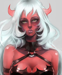 Rule 34 | 10s, 1girl, bad id, bad pixiv id, bare shoulders, blue hair, breasts, choker, cleavage, colored skin, demon, horns, large breasts, lips, long hair, megumi (androgyny), nose, panty &amp; stocking with garterbelt, realistic, red skin, scanty (psg), simple background, solo, upper body