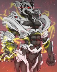Rule 34 | abs, absurdres, agclkido, alien, bone, electricity, embers, energy, giant, giant monster, glowing, glowing eyes, godzilla: final wars, godzilla (series), highres, kaijuu, lens flare, looking at viewer, monster, monster x, muscular, muscular male, no humans, pectorals, red eyes, space monster, tail, toho