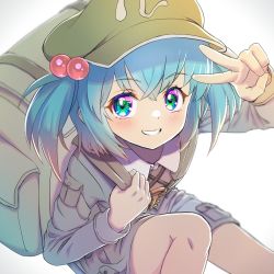 Rule 34 | 1girl, backpack, bag, blue hair, blush, face, feet out of frame, from above, green hat, grin, hair bobbles, hair ornament, hat, highres, kawashiro nitori, long sleeves, looking at viewer, shiroi karasu, shirt, short hair, sitting, smile, solo, touhou, two side up, v