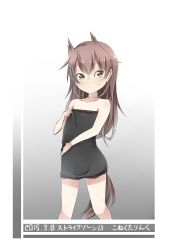 Rule 34 | 1girl, alternate hairstyle, amai nekuta, angela salas larrazabal, animal ears, black dress, blush, brown hair, child, collarbone, dated, dress, hair down, highres, horse ears, horse girl, horse tail, long hair, solo, strapless, strapless dress, strike witches, tail, world witches series, yellow eyes, aged down