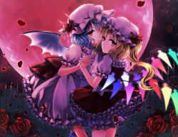 Rule 34 | 2girls, asada ryou, backlighting, bat wings, blonde hair, blue hair, blush, bow, commentary request, cowboy shot, dress, fence, flandre scarlet, flower, frilled hat, frilled shirt collar, frilled skirt, frilled sleeves, frills, full moon, hair bow, hat, hat bow, hat ribbon, huge moon, interlocked fingers, looking at viewer, mob cap, moon, multiple girls, night, petals, puffy short sleeves, puffy sleeves, red bow, red eyes, red flower, red moon, red ribbon, red rose, red skirt, red vest, remilia scarlet, ribbon, rose, rose petals, short sleeves, side ponytail, skirt, smile, touhou, vest, white bow, white dress, white hat, wings