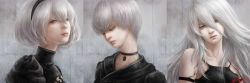Rule 34 | 1boy, 2girls, android, black shirt, bob cut, breasts, choker, closed mouth, collarbone, commentary, commentary request, face, grey background, grey eyes, grey hair, hair between eyes, highres, lips, long hair, looking at viewer, looking away, looking down, multiple girls, nier (series), nier:automata, nose, parted lips, realistic, serious, shirt, short hair, signature, sleeveless, small breasts, tiara, turtleneck, wariko, 2b (nier:automata), 9s (nier:automata), a2 (nier:automata)