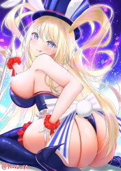 Rule 34 | 1girl, :q, absurdres, animal ears, artist name, ass, azur lane, blonde hair, blue eyes, blue footwear, blue leotard, boots, breasts, fake animal ears, frilled leotard, frills, from behind, full body, gloves, guam (azur lane), guam (stage-setting charmer) (azur lane), hat, high heel boots, high heels, highres, holding, holding pole, large breasts, leotard, long hair, looking at viewer, looking back, multicolored eyes, official alternate costume, playboy bunny, pole, purple eyes, rabbit ears, skindentation, solo, star-shaped pupils, star (symbol), symbol-shaped pupils, thigh boots, tongue, tongue out, top hat, tsuri pi, undersized breast cup, very long hair, white gloves