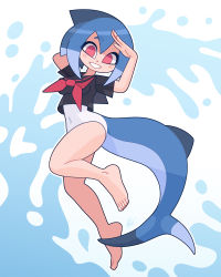 Rule 34 | 1girl, arm behind head, arms up, bare legs, barefoot, black sailor collar, black shirt, blue hair, blush, borrowed character, covered navel, cropped shirt, fins, fish tail, highres, looking at viewer, louis lloyd-judson, mako (azuumori), medium hair, neckerchief, one-piece swimsuit, original, outline, parted lips, red eyes, red neckerchief, sailor collar, shark fin, shark girl, shark tail, shirt, short sleeves, signature, smile, solo, swimsuit, swimsuit under clothes, tail, white one-piece swimsuit, white outline
