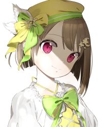 Rule 34 | 1girl, artist name, artist request, blush, bow, breasts, brown hair, collarbone, crescent, crescent hair ornament, cross-laced clothes, cross-laced dress, diamond (love live!), dress, feathers, female focus, frilled dress, frills, green bow, green ribbon, grey hair, hair ornament, hat, hat feather, highres, light brown hair, looking at viewer, love live!, love live! nijigasaki high school idol club, love live! school idol festival, mi (mi 602), nakasu kasumi, parted lips, purple eyes, red eyes, ribbon, short hair, small breasts, smile, solo, star (symbol), star hair ornament, upper body, white background, white feathers, wrist cuffs, yellow bow, yellow dress, yellow hat, yellow ribbon, yellow wrist cuffs