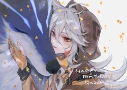 Rule 34 | 1boy, ahoge, artist name, blue skin, bracelet, brown capelet, capelet, character name, closed mouth, colored skin, diamond (shape), genshin impact, gloves, grey background, hair between eyes, happy birthday, hood, hooded capelet, jewelry, komyu (masheri), long hair, looking at animal, male focus, partially fingerless gloves, petting, razor (genshin impact), red eyes, shirt, signature, solo, upper body, white fur, white hair, wolf, yellow gloves, yellow shirt