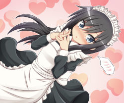 Rule 34 | 10s, alternate costume, apron, asashio (kancolle), black hair, blue eyes, blush, commentary request, dutch angle, enmaided, fingers together, hair between eyes, heart, heart background, kantai collection, long hair, looking at viewer, maid, maid apron, maid headdress, open mouth, solo, spoken blush, tamayan