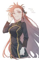Rule 34 | 1girl, adjusting hair, black dress, black nails, brown eyes, brown hair, commentary, dated, dorothea coyett, dress, earrings, fate/samurai remnant, fate (series), fingernails, jewelry, kanya (asa yake01), long hair, looking at viewer, nail polish, sidelocks, signature, simple background, smile, solo, standing, tucking hair, very long hair, white background
