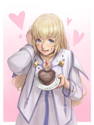 Rule 34 | 1girl, blonde hair, blue eyes, blush, candy, chocolate, chocolate heart, choker, colette brunel, dress, food, food on clothes, food on face, furrowed brow, hair between eyes, tucking hair, heart, highres, holding, holding plate, incoming food, jewelry, kazuko (towa), long hair, looking at viewer, nervous smile, open mouth, pantyhose, pink background, plate, shy, smile, solo, tales of (series), tales of symphonia, upper body, valentine
