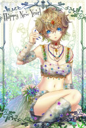 Rule 34 | 1girl, arm at side, arm warmers, bad id, bad pixiv id, bead necklace, beads, bell, blonde hair, blue eyes, blue nails, border, breasts, chinese zodiac, choker, cleavage, colored eyelashes, crop top, diadem, expressionless, facial mark, fingernails, flower, fur, gem, hair between eyes, hand up, happy new year, head chain, head tilt, highres, horns, jewelry, jingle bell, kazunehaka, leg warmers, long fingernails, looking at viewer, makeup, midriff, nail polish, navel, necklace, necktie, new year, original, sheep horns, short hair, sitting, sleeveless, solo, star (symbol), very long fingernails, year of the goat, yokozuwari