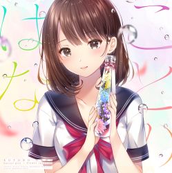 Rule 34 | 1girl, black sailor collar, blue flower, blurry, blurry foreground, blush, bow, breasts, brown eyes, brown hair, closed mouth, collarbone, commentary request, depth of field, english text, fingernails, flower, hands up, head tilt, holding, looking at viewer, noda shuha, original, pink flower, red bow, sailor collar, school uniform, serafuku, shirt, short sleeves, small breasts, smile, solo, transparent, vase, water, water drop, white shirt, yellow flower