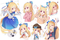 Rule 34 | 1girl, :d, ;), ^ ^, absurdres, aies, ascot, bad id, bad pixiv id, bare shoulders, black shirt, blonde hair, blue bow, blue neckwear, blue skirt, bow, brown headwear, brown sweater, cabbie hat, closed eyes, collarbone, collared shirt, commentary request, copyright request, crop top, dress shirt, closed eyes, fang, floral background, flying sweatdrops, frilled skirt, frills, hands up, hat, hat bow, highres, hood, hood down, hoodie, long hair, long sleeves, looking at viewer, looking away, multiple views, navel, neckerchief, notice lines, off-shoulder sweater, off shoulder, one eye closed, open mouth, parted lips, pinching sleeves, pink hoodie, ponytail, red bow, red eyes, red neckwear, sailor collar, shirt, skirt, sleeves past wrists, smile, spoken blush, squiggle, suspenders, sweater, sweater vest, teeth, upper teeth only, v-shaped eyebrows, very long hair, white background, white sailor collar, white shirt, wide sleeves