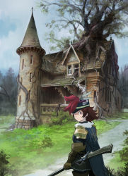 Rule 34 | 1girl, abandoned, absurdres, antique firearm, armor, blue cape, brown hair, cape, commentary, cowboy shot, firearm, firelock, flintlock, fur collar, gauntlets, grass, gun, hat, highres, holding, holding gun, holding weapon, house, letro, looking at viewer, looking back, medium hair, military hat, musket, musketeer, original, outdoors, red eyes, rifle, shoulder armor, solo, tree, walkway, weapon