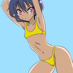 Rule 34 | 10s, 1girl, armpits, arms up, bikini, blue background, blue hair, breasts, flower, hair flower, hair ornament, highres, looking at viewer, mizuno ai, navel, pink eyes, short hair, simple background, small breasts, solo, standing, sweatdrop, swimsuit, tekisui, yellow bikini, zombie, zombie land saga