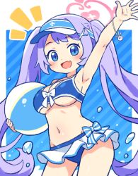 Rule 34 | 1girl, :d, arm up, ball, beachball, bikini, bikini skirt, blue archive, blue background, blue bikini, blue eyes, bow, bracelet, breasts, commentary, fang, halo, hanae (blue archive), happy, jewelry, large breasts, looking at viewer, onyhakase, open mouth, purple hair, salute, simple background, smile, solo, sports bikini, standing, swimsuit, twintails, underboob, visor cap, water, white bow