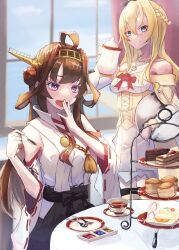 Rule 34 | 2girls, absurdres, ahoge, black skirt, blonde hair, blue eyes, braid, brown hair, cake, corset, crown, cup, detached sleeves, double bun, dress, flower, food, french braid, hair bun, hairband, headgear, highres, jewelry, kantai collection, kongou (kancolle), kongou kai ni (kancolle), long hair, long sleeves, mini crown, multiple girls, necklace, nontraditional miko, off-shoulder dress, off shoulder, panda (heart sink), popped collar, purple eyes, red flower, red ribbon, red rose, ribbon, ribbon-trimmed sleeves, ribbon trim, rose, saucer, sitting, skirt, spoon, teacup, teapot, thighhighs, tiered tray, warspite (kancolle), white dress, window