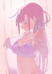 Rule 34 | 1girl, blush, breasts, cleavage, closed eyes, highres, hololive, minato aqua, open clothes, open shirt, pink hair, rin31153336, see-through, see-through shirt, shirt, solo, sweat, virtual youtuber