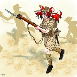 Rule 34 | 1girl, animal ears, bayonet, belt, black hair, blue eyes, bolt action, boots, brown footwear, commentary, dust cloud, english commentary, full body, gun, hair ornament, hakos baelz, hat, highres, holding, holding gun, holding weapon, hololive, hololive english, lee-enfield, long hair, long sleeves, lurkatwurk, military, military uniform, mouse ears, mouse girl, mousetrap, multicolored hair, open mouth, pouch, red hair, rifle, running, scabbard, sharp teeth, sheath, shirt, shoes, silhouette, smle, socks, solo, standing, streaked hair, teeth, twintails, uniform, virtual youtuber, weapon, white hair