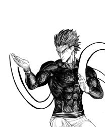 Rule 34 | 1boy, bang (one-punch man), closed mouth, commentary, covered abs, english commentary, fighting stance, greyscale, highres, long sleeves, male focus, monochrome, one-punch man, pants, sanpaku, shirt, simple background, solo, white background, y naf, aged down