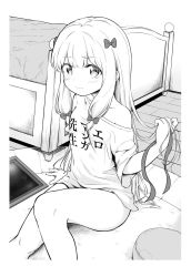 Rule 34 | 1girl, arm support, bad id, bad twitter id, bed, blush, bow, closed mouth, clothes writing, collarbone, commentary request, copyright name, cushion, drawing tablet, eromanga sensei, feet out of frame, greyscale, hair between eyes, hair bow, healthyman, highres, holding, holding own hair, indoors, izumi sagiri, long hair, looking at viewer, monochrome, off shoulder, shirt, short sleeves, sidelocks, solo, thighs, translated, very long hair, wooden floor
