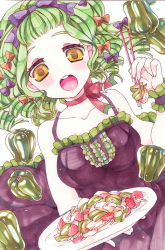 Rule 34 | 1girl, bad id, bad pixiv id, bare shoulders, bell pepper, bell pepper slice, bow, choker, chopsticks, drill hair, dutch angle, forehead, green hair, hair bow, incoming food, marker (medium), moriyama shijimi, open mouth, original, pepper, peppers, ribbon choker, solo, traditional media, yellow eyes