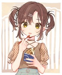 Rule 34 | 1girl, blush, brown hair, criss-cross halter, cup, double scoop, food, hair ornament, hair ribbon, hairclip, halterneck, highres, holding, holding cup, holding food, holding ice cream, holding spoon, ice cream, ice cream cup, looking at viewer, mameyanagi, nail polish, o-ring, original, parted bangs, polka dot sleeves, puffy short sleeves, puffy sleeves, ribbon, see-through, see-through sleeves, short hair, short sleeves, skirt, solo, spoon, tongue, tongue out, twintails, yellow eyes, zipper pull tab