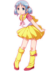 Rule 34 | 1980s (style), 1girl, blue eyes, blue hair, cosplay, dress, full body, cube hair ornament, hair ornament, kneehighs, mahou no tenshi creamy mami, matching hair/eyes, morisawa yuu, morisawa yuu (cosplay), naganohara mio, nichijou, oldschool, retro artstyle, sayousuke, shirt, shoes, short hair, short twintails, skirt, socks, solo, twintails, white background, yellow dress, yellow socks, yellow skirt